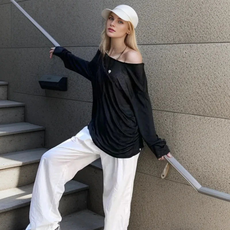 Sexy Sheer Baggy T-shirt for Women 2026 Summer Casual Fashion Loose Pullovers Chic Lazy Solid Color Off Shoulder Top Streetwear