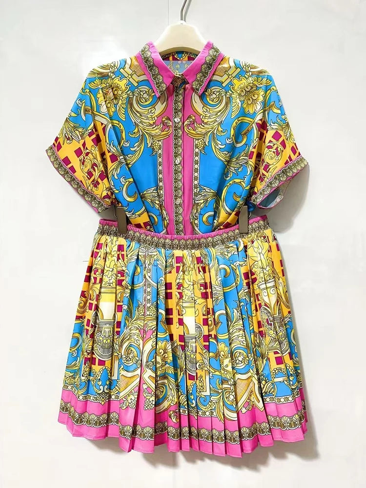Designer retro geometric print lapel short-sleeved shirt two-piece 2026 summer women's dress+loose pleated skirt fashion suit