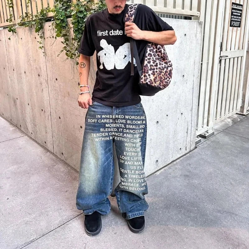 Vintage Letter Printed Women's Men's Jeans Y2k Harajuku Washed Wide Leg Jeans Loose Hip Hop Street Style Casual Mopping Pants