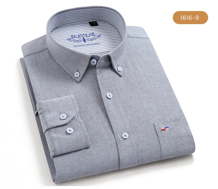 Men's 100% Cotton Breathable Oxford Fabric Dress Shirt, Plaid Striped Casual Long Sleeve, Button-Up with Collar and Chest Pocket