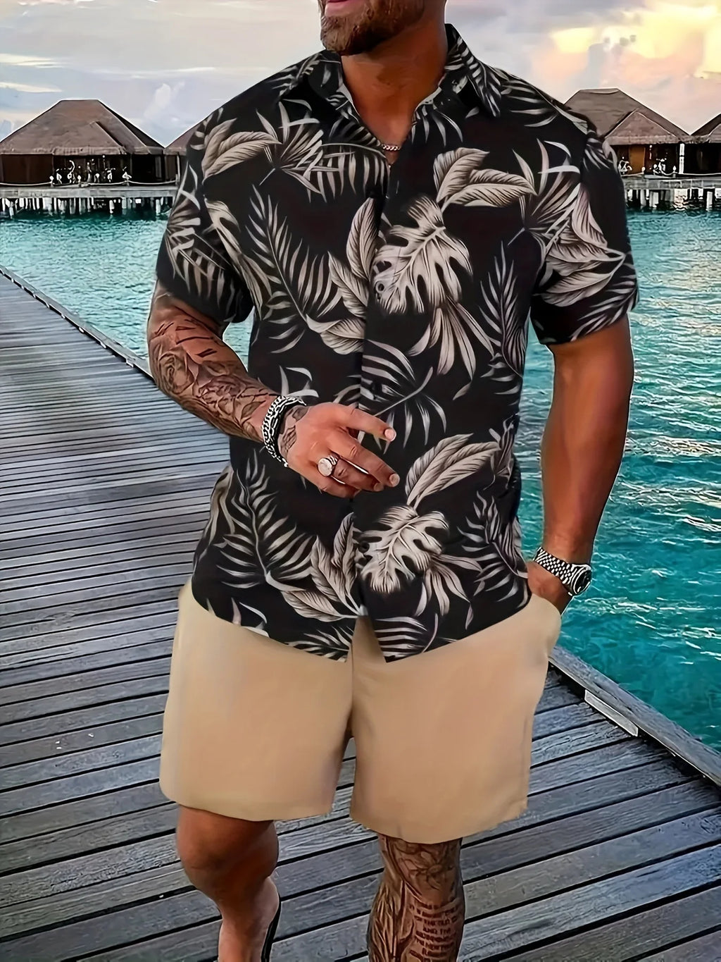 Multi Styles Dark Tone Tropical Leaf Print Shirt Men Silky Smooth Short Sleeve Daily Night Out Casual Blouse