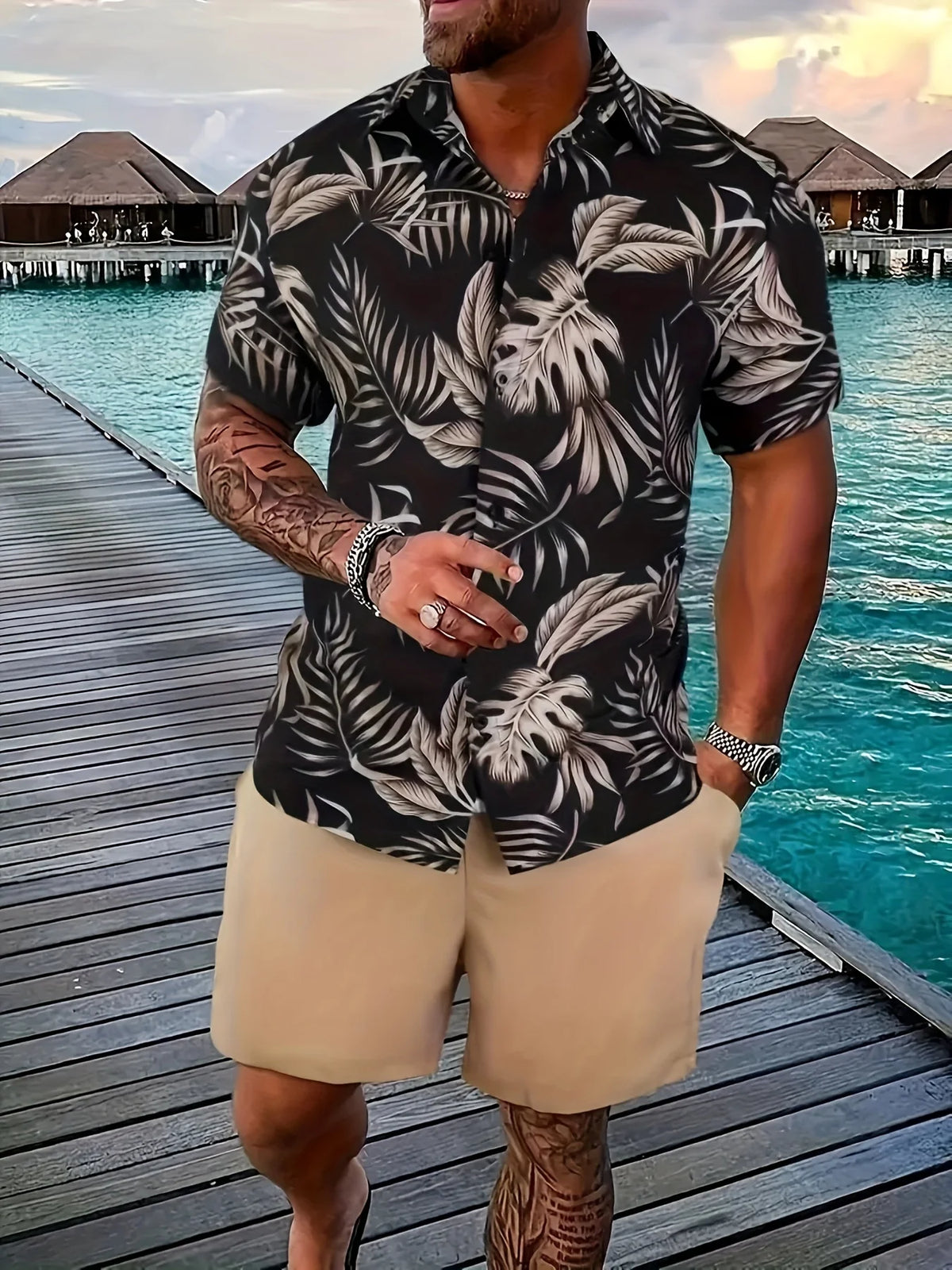 Multi Styles Dark Tone Tropical Leaf Print Shirt Men Silky Smooth Short Sleeve Daily Night Out Casual Blouse