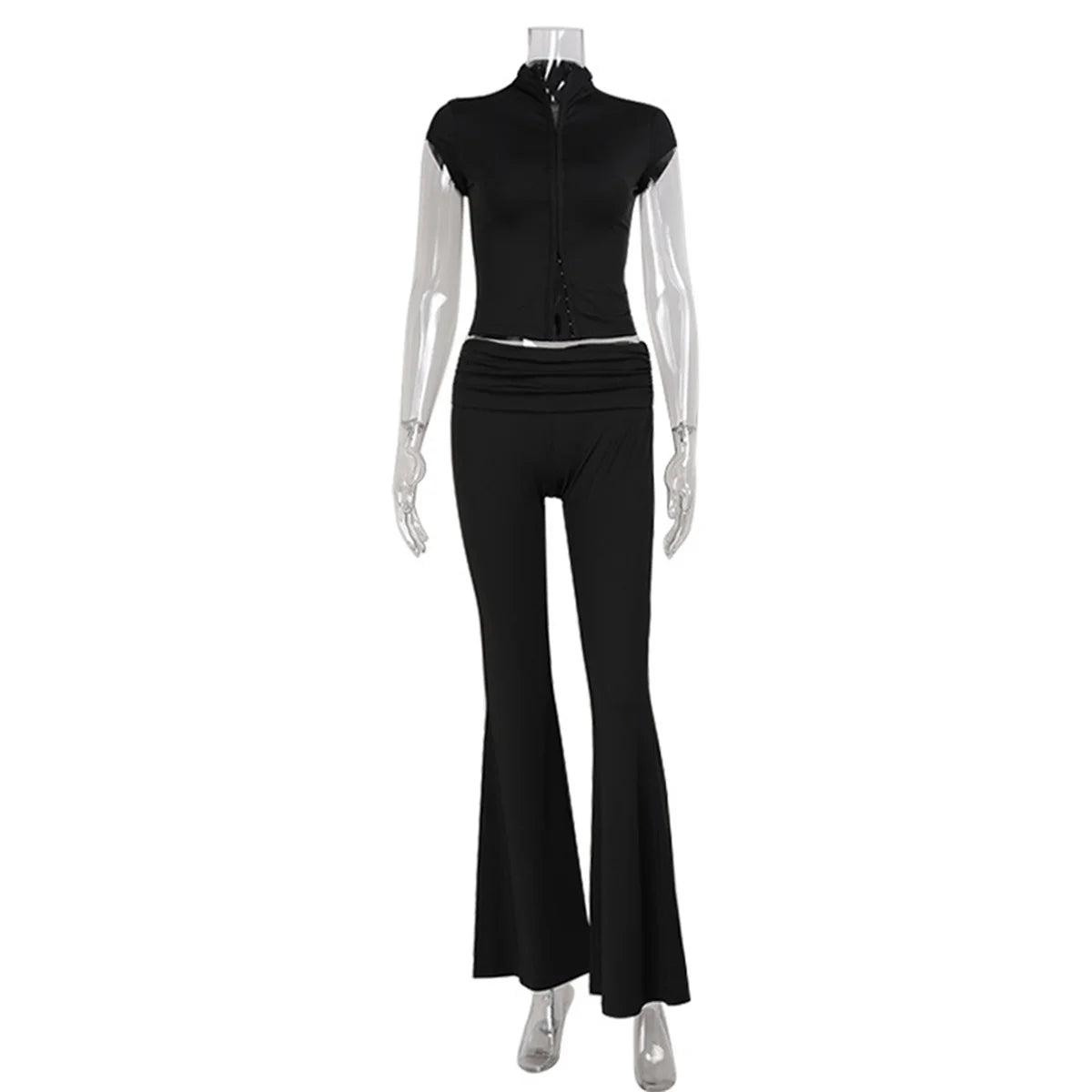 Women Fashion Sexy Short Sleeves Suit Casual Sheath Hollow Out 2 Pieces (Tops+Long Pant) Matching Sets Female Street Tracksuit