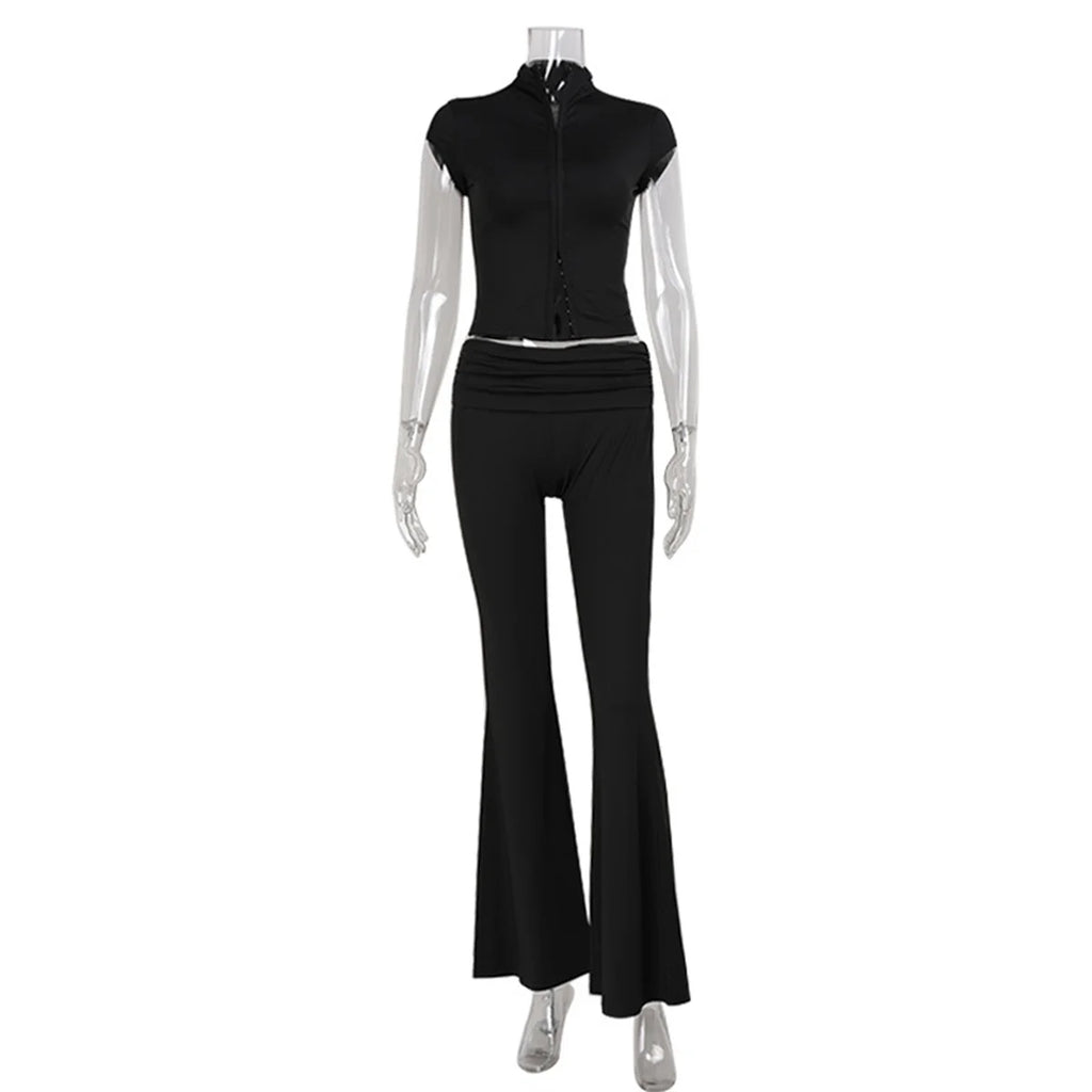 Women Fashion Sexy Short Sleeves Suit Casual Sheath Hollow Out 2 Pieces (Tops+Long Pant) Matching Sets Female Street Tracksuit