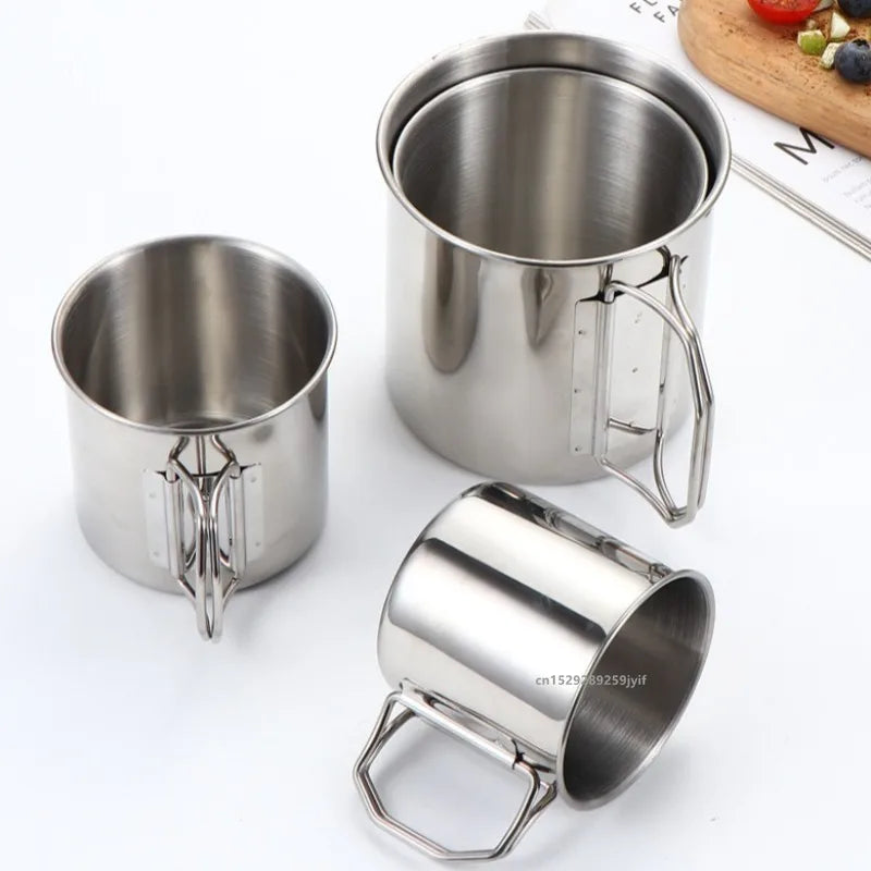 Stainless Steel Camping Cup 250/350/500/700ml Portable Mountaineering Cups With Foldable Handle Outdoor Water Mug Drinkware