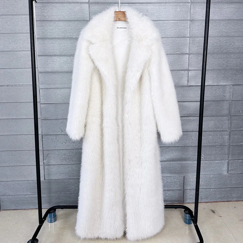 Long Faux Fur Coat Women Autumn Winter Large Jacket Overcoat White Turn Down Collar Pockets Thick Coat Warm Jackets Maxi Coats