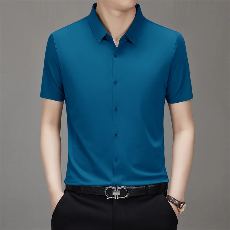 New Men's Business Casual Solid Color Short Sleeved Shirt for Summer Fashion No Ironing Comfortable and Versatile Top