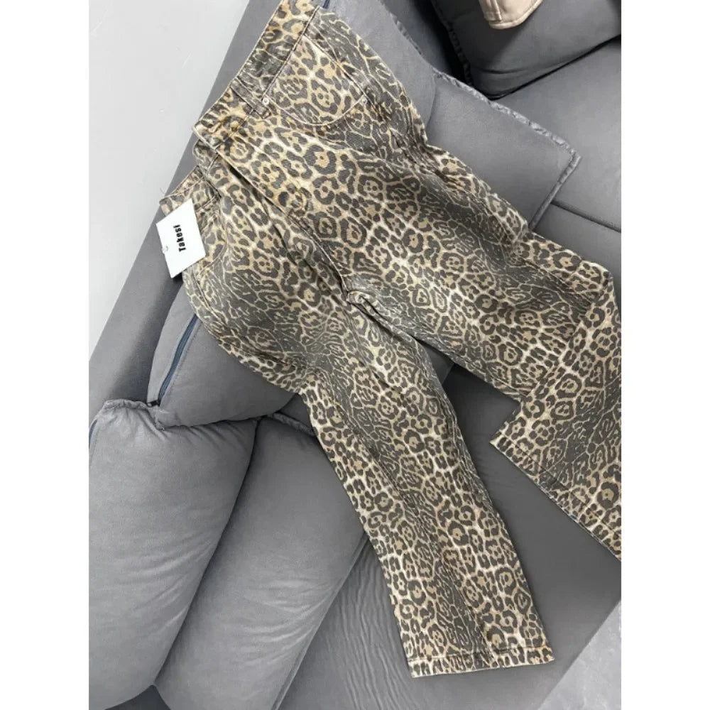 American Retro Leopard High Waist Baggy Jeans Women's Casual Pockets Hip-hop Pants 2024 Spring Y2K Oversiz Panther Denim Trouser
