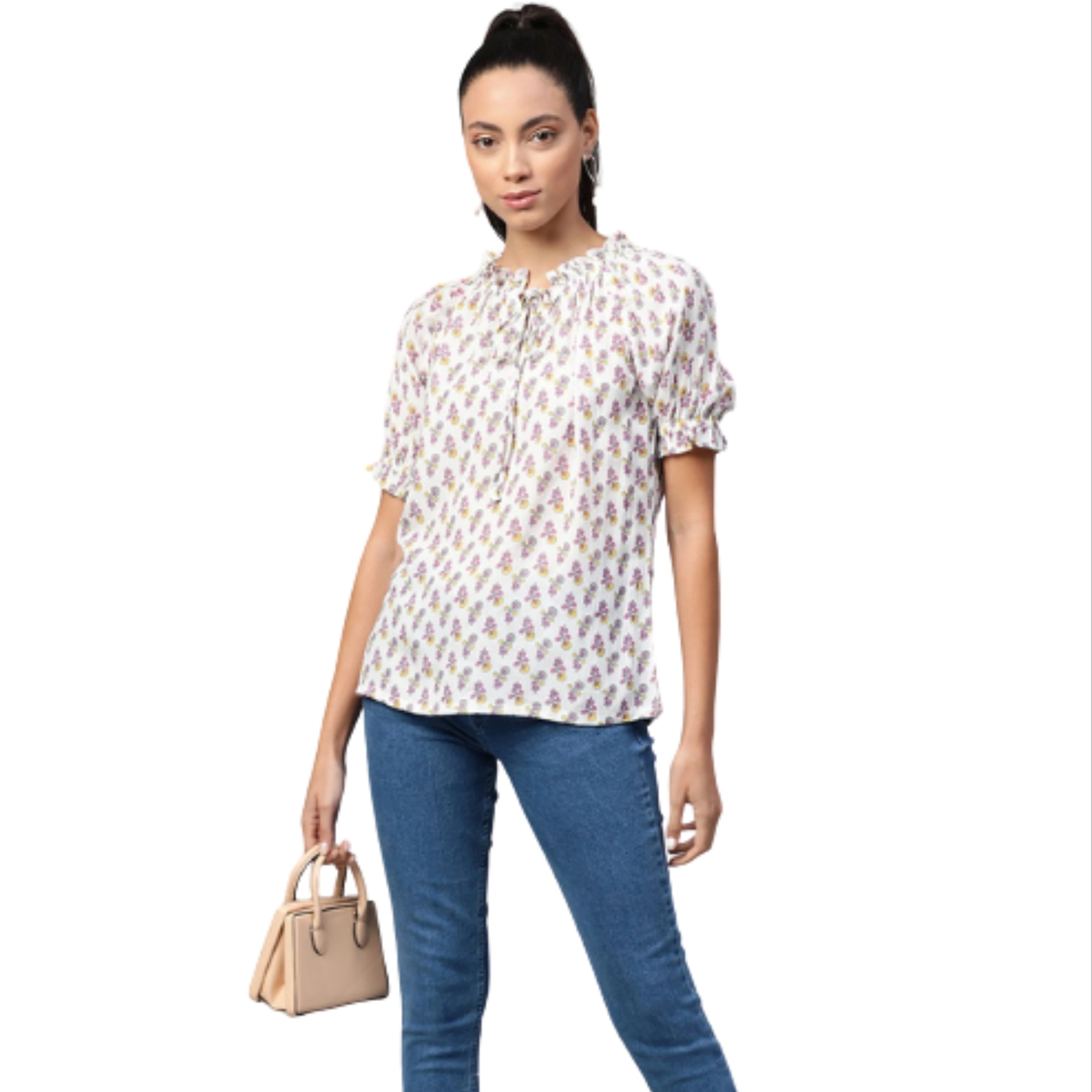 White Cotton Crepe Floral Printed Top Ruffle Frill Detail Short Sleeves Styled Simple Fit Soft Everyday Wear Look Eco-Friendly