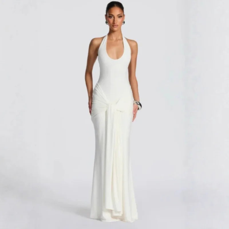 Summer Elegant Evening Dress Women Halter Neck Sleeveless Draped Mermaid Prom Gown Civil Wedding Engagement Party Dress