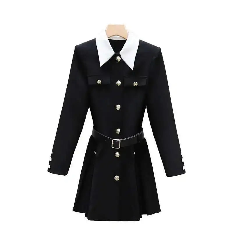 Luxury Quality 2026 Spring Autumn Single Breasted Golden Button Long Full Sleeve Blazer Suit Coat Pleated Short Dresses Women