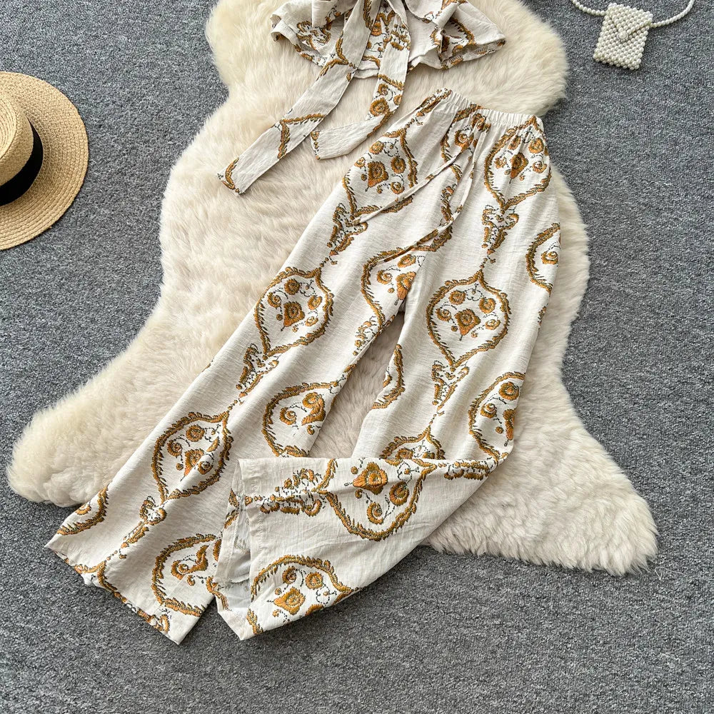 SINGREINY Boho Print Vacation Suits Summer 2026 Sleeveless Lace Up Tank Top+Loose Wide Leg Pant Chic Lazy Casual Women 2pcs Sets