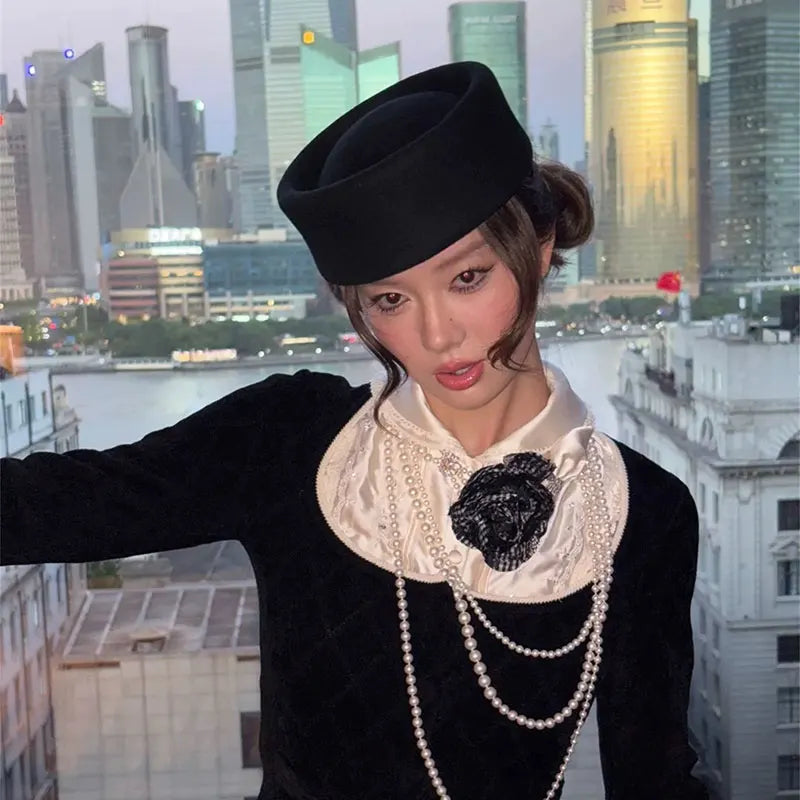 Women Berets Hat Fashion Fall Winter Vintage Concave Top Pillbox Cap 100% Wool Fedoras Hats Wedding Designer Western Church Hat