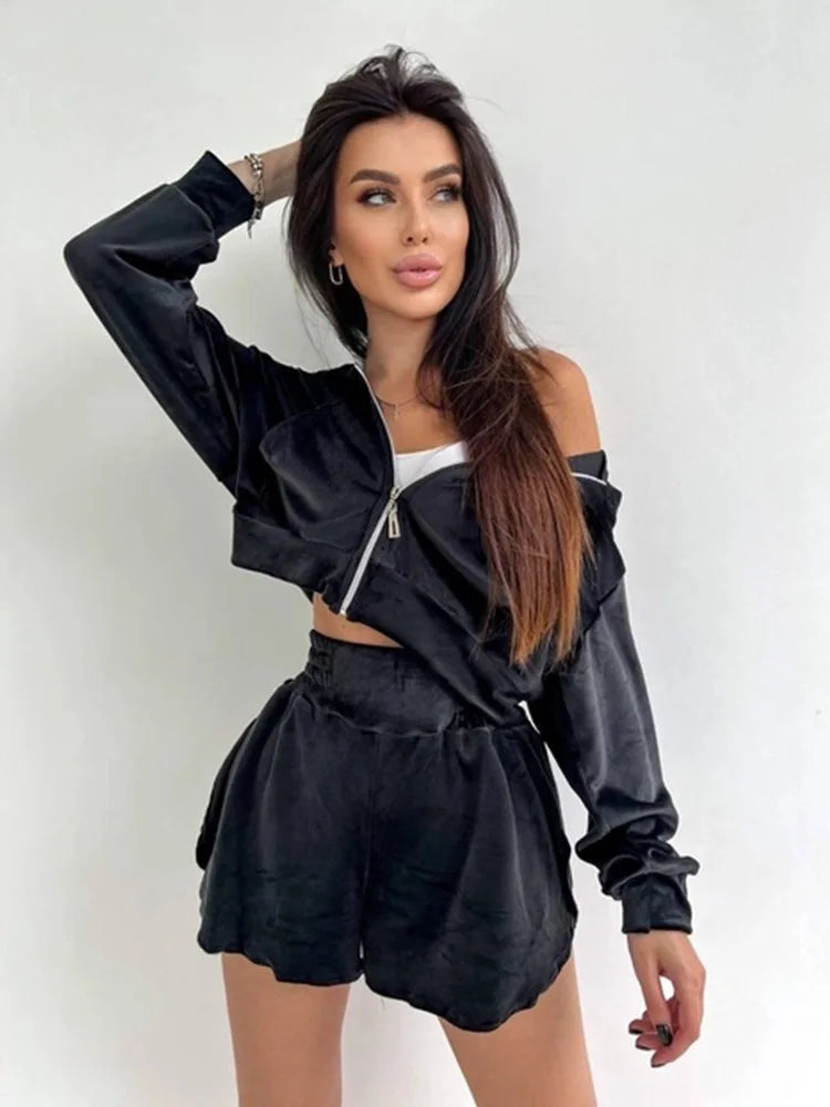 2025 Casual Women's Wear, Zipper Cardigan Long Sleeve Drawstring and Shorts Set, Hoodie Fashion Split Shorts Two-Piece Set