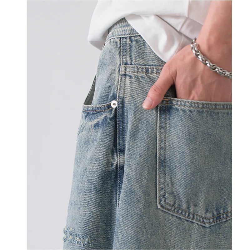 2026 Spring Summer New Men Baggy Ripped Straight Leg Wide Leg Jeans American Style Vintage Trend Male Versatile Denim Trousers