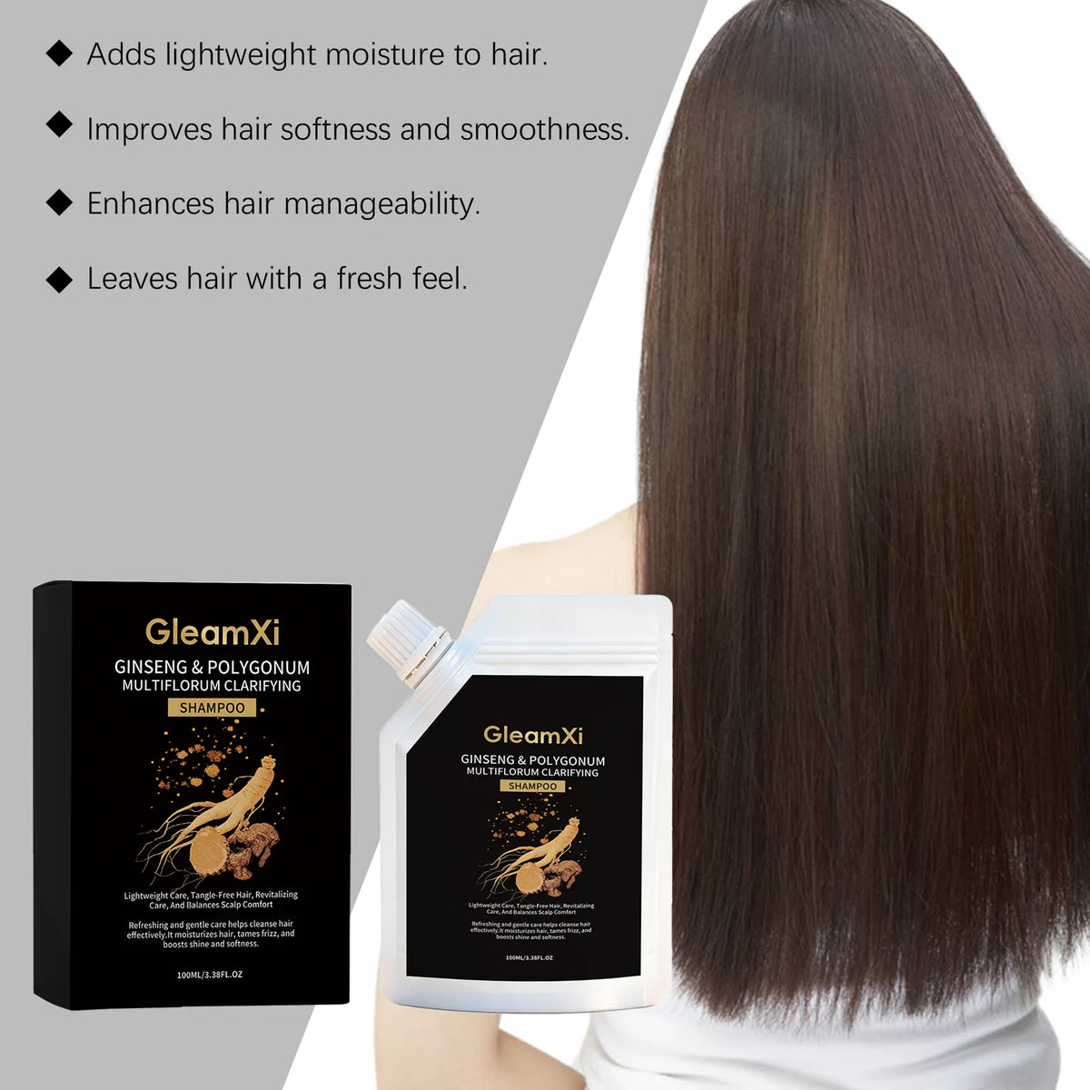 GleamXi Polygonum Multiflorum Shampoo Moisturizing Hair Relieve Dryness Scalp Anti Frizz Boost Luster Ginseng Hair Shampoo 100ml