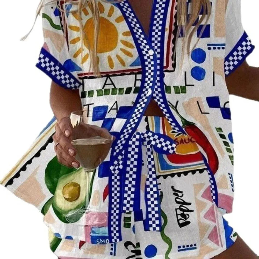 Personalized and Vibrant Beach Style 3D Digital Printed Loose Thin Shirt Casual Summer Women's Top Shorts Two-piece Set