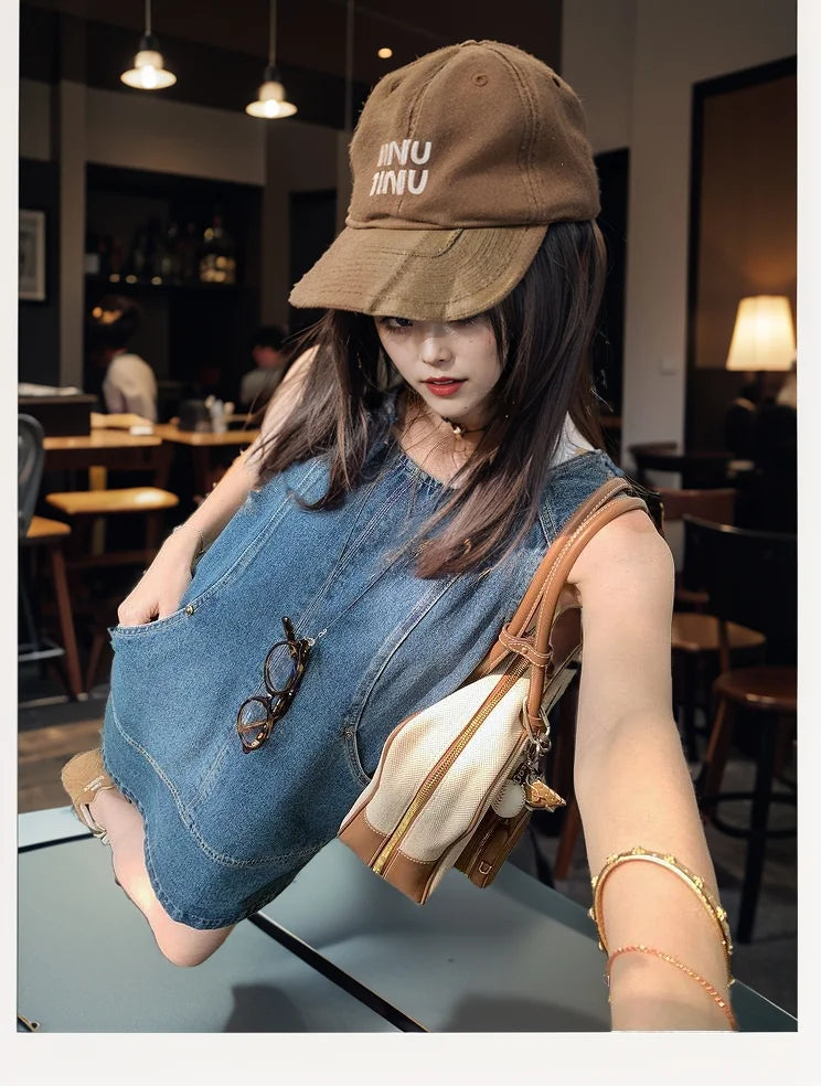 Retro Vest Denim Dress 2025 Summer Fashion Temperament Stitching A Word Street Style Women's Short Skirt