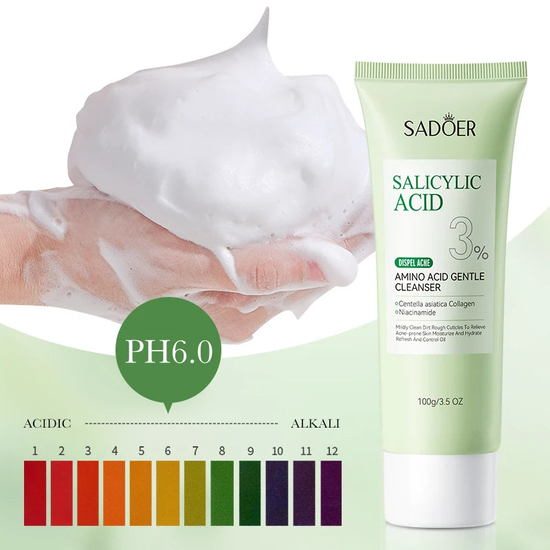 Salicylic Acid Face Wash – Oil Control Deep Cleansing Foaming Cleanser for Oily Acne-Prone Skin, Gentle Amino Acid Formula