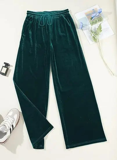 Women's High Waist Velvet Wide Leg Pants Drawstring Elastic Waist Loose Casual Trousers Autumn Winter Solid Color Long Pants B