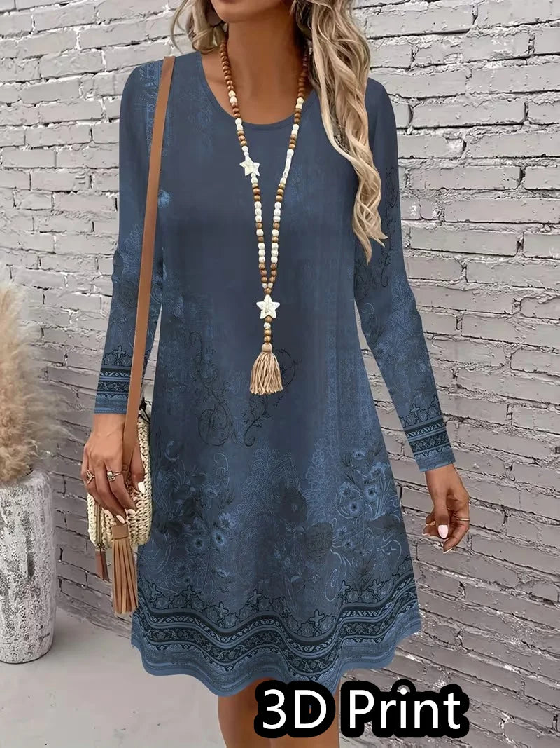 3D retro printed dress, women's autumn long sleeved round neck casual mini A-line dress Vestidos De Mujer