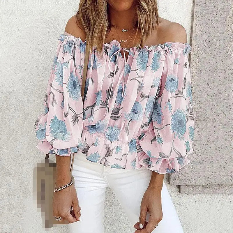 Spring Autumn Women's New Sexy One Neck Off Shoulder Chiffon Shirt Loose Fashion Printed Casual Long Sleeve T-shirt Top