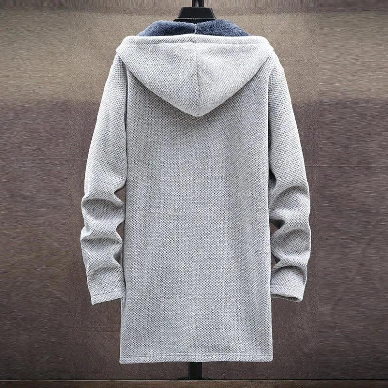 KIDWHXR 2026 Autumn Winter Men Fleece Cardigan Jacket Thicken Windproof Man Hooded Coat Mid Length Long Sleeve Male Sweater