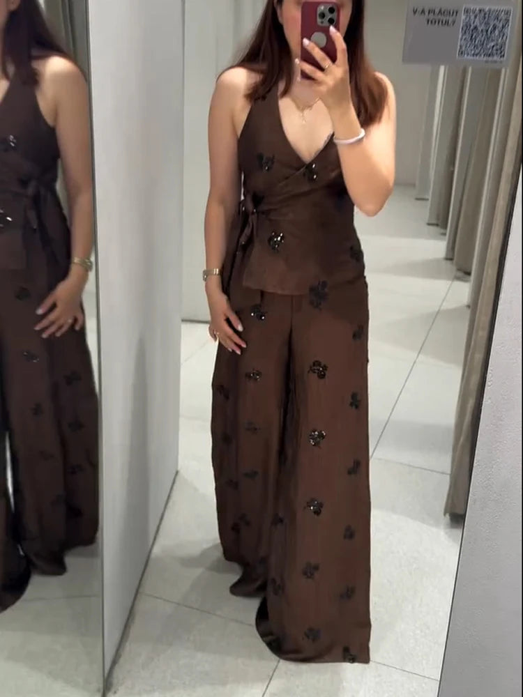 Fashion Floral Sequin 2-piece Outfit Women Tie Waist Wrap Sleeveless Top Wide Leg Pants 2026 Summer Lady Commute Street Outfits