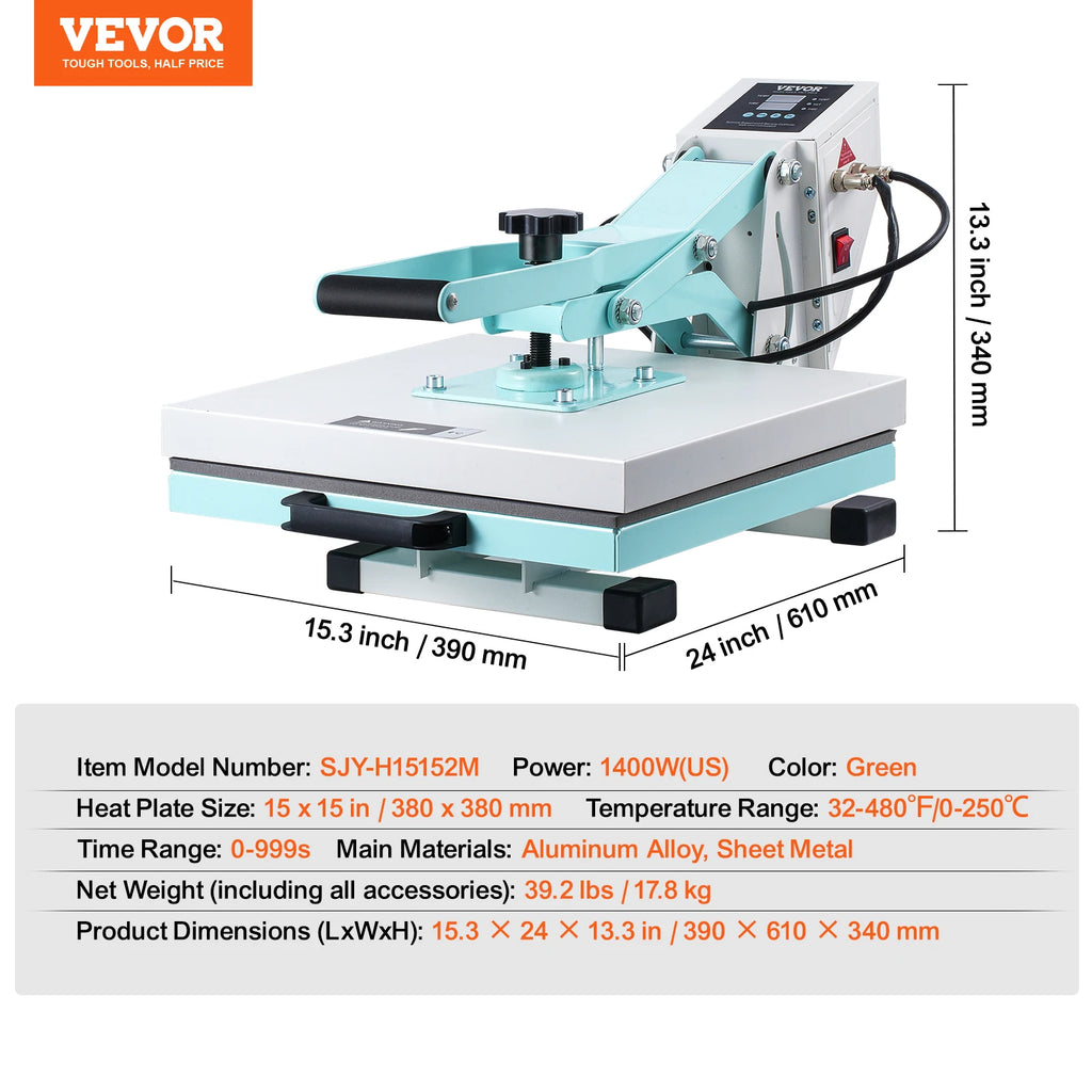 SucceBuy Heat Press 15 x 15 in Heat Press Machine Slide Out Heat Transfer Machine Fast Even Heating 2-Layer Insulation Cotton