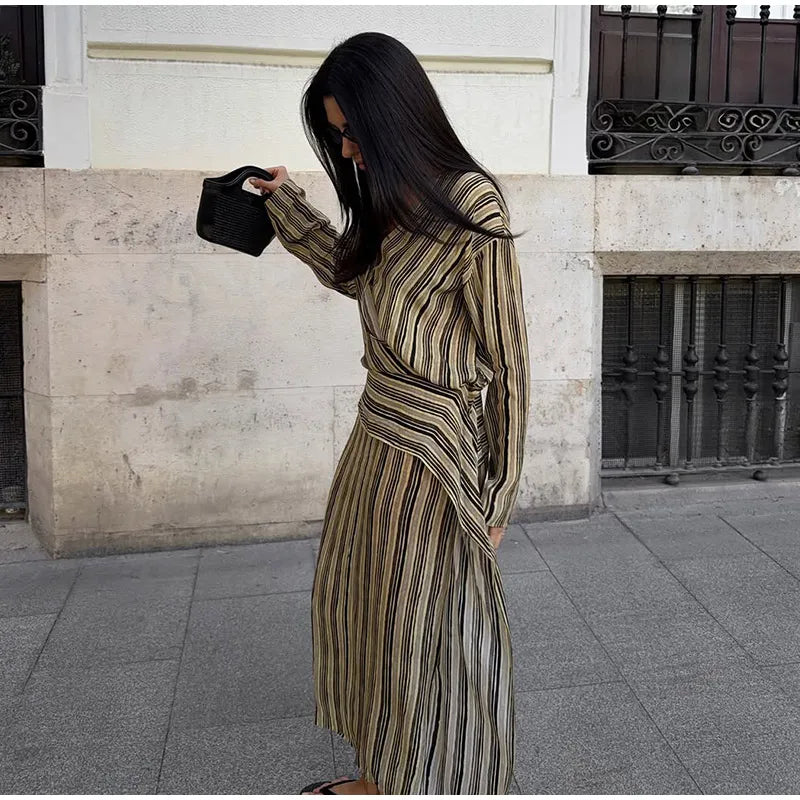 Multicolor Striped Shirt 2 Picec Set Button Front Blouse High Waist Flared Hem Maxi Skirt 2026 Summer Elegant Lady Vacation Suit