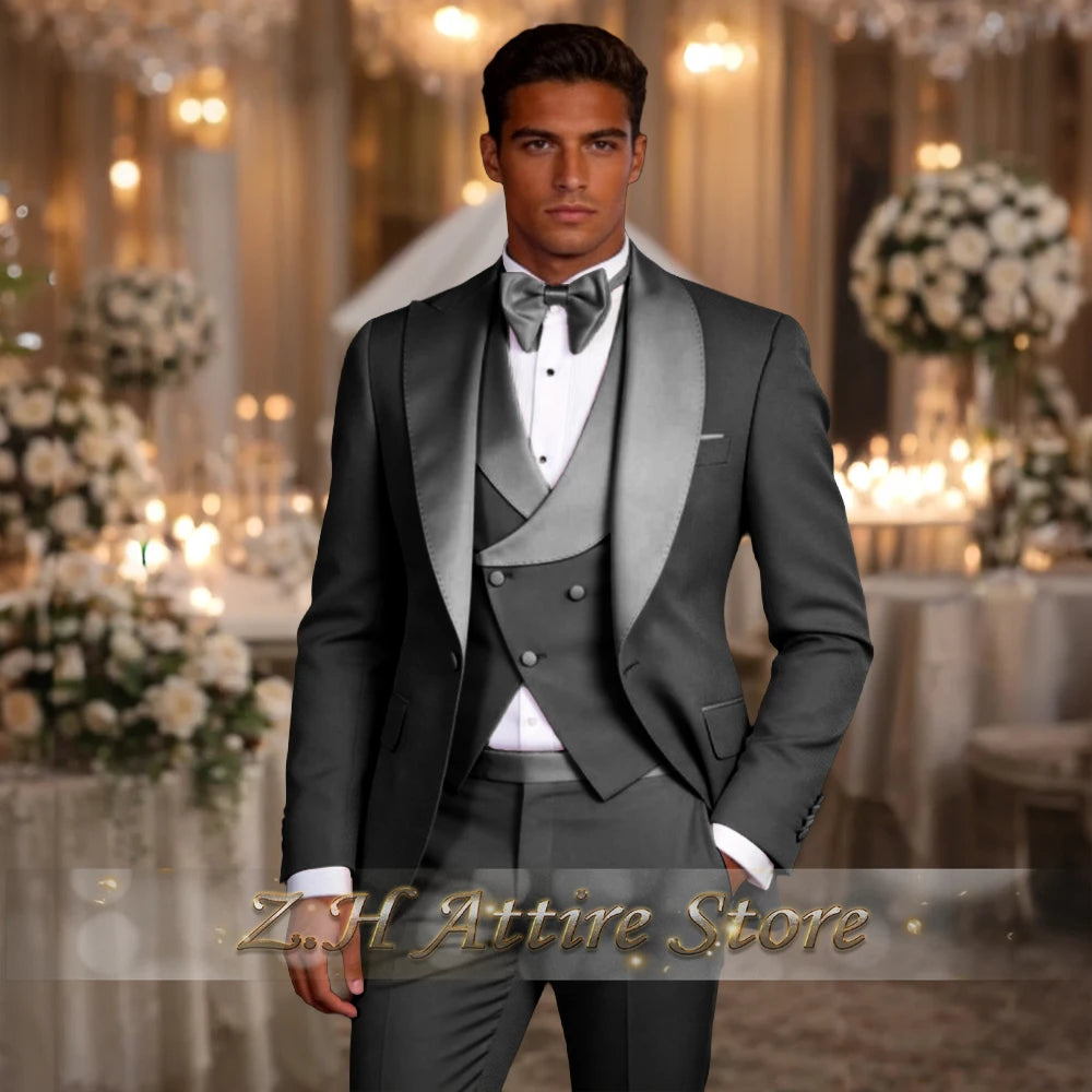 Elegant Pink Men's 3pcs Suit Spliced Satin Lapel Jacket Vest Pants Custom-Made Set for Wedding Groom Cocktail Birthday Party