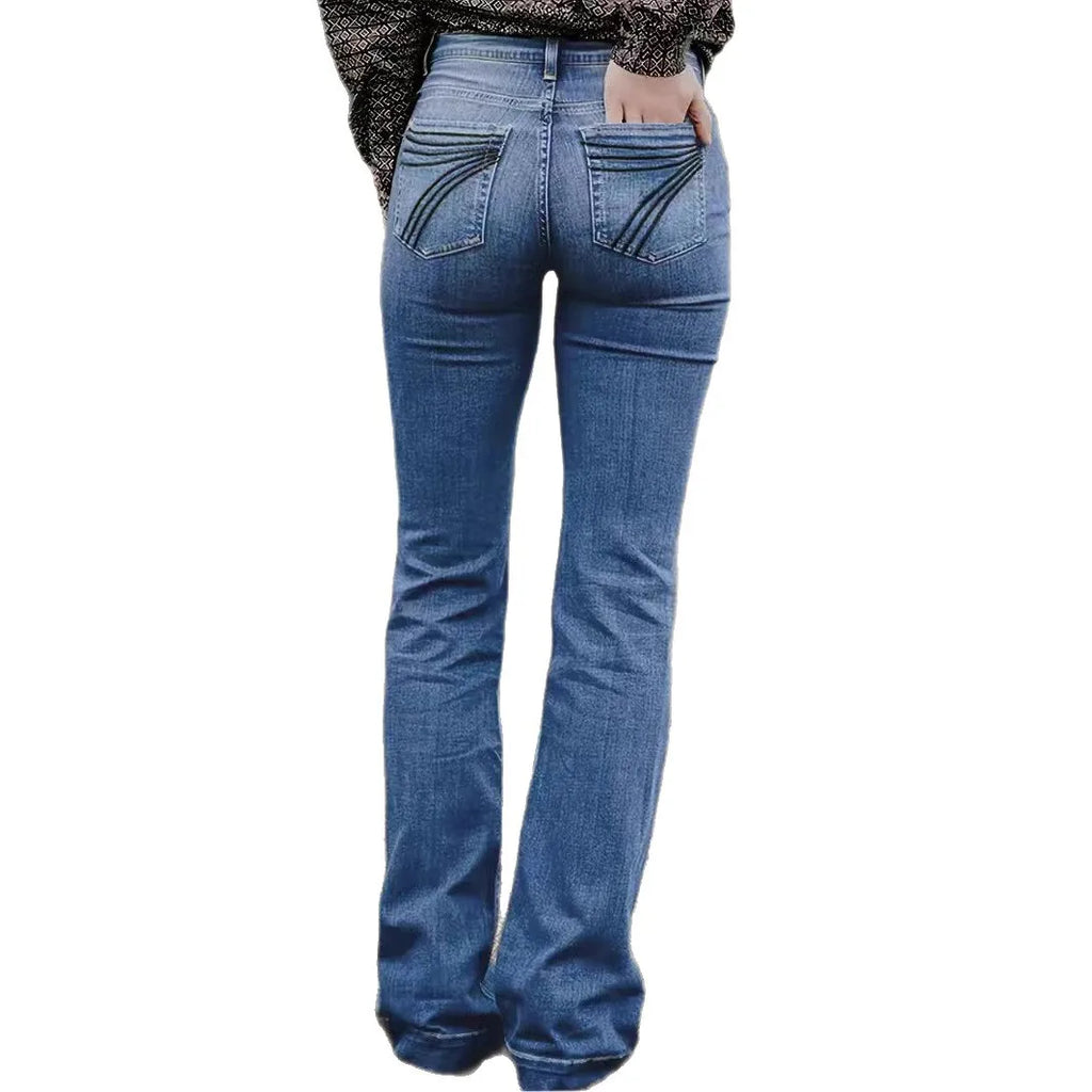 Denim Pants Women Solid Spliced Jeans Slim Fit Streetwear Pockets Floor Length Trousers Distressed Skinny Lady Elegant Autumn