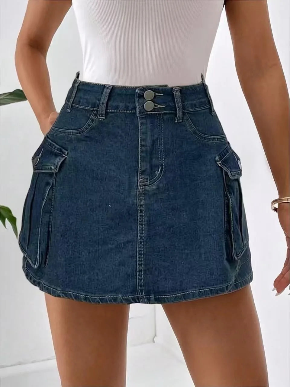 Sexy Women High Waist Cargo Denim Mini Skirt Double Button Multi Pocket A Line Short Skirt Y2K Streetwear Casual Jean Dress