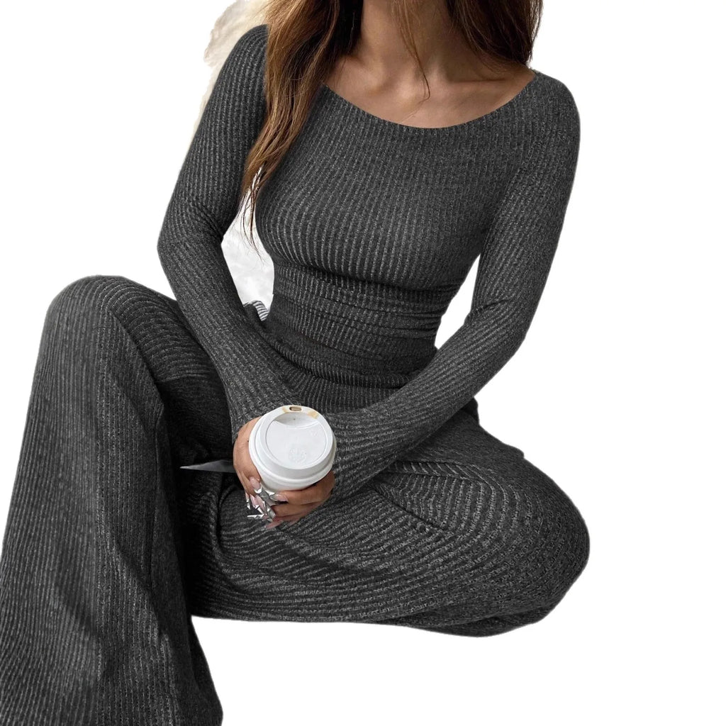 2025 Women's Autumn/Winter New Collection Solid Color Casual Long Sleeve Boat Neck Top Elastic Waist Wide Leg Pants Set Versatil