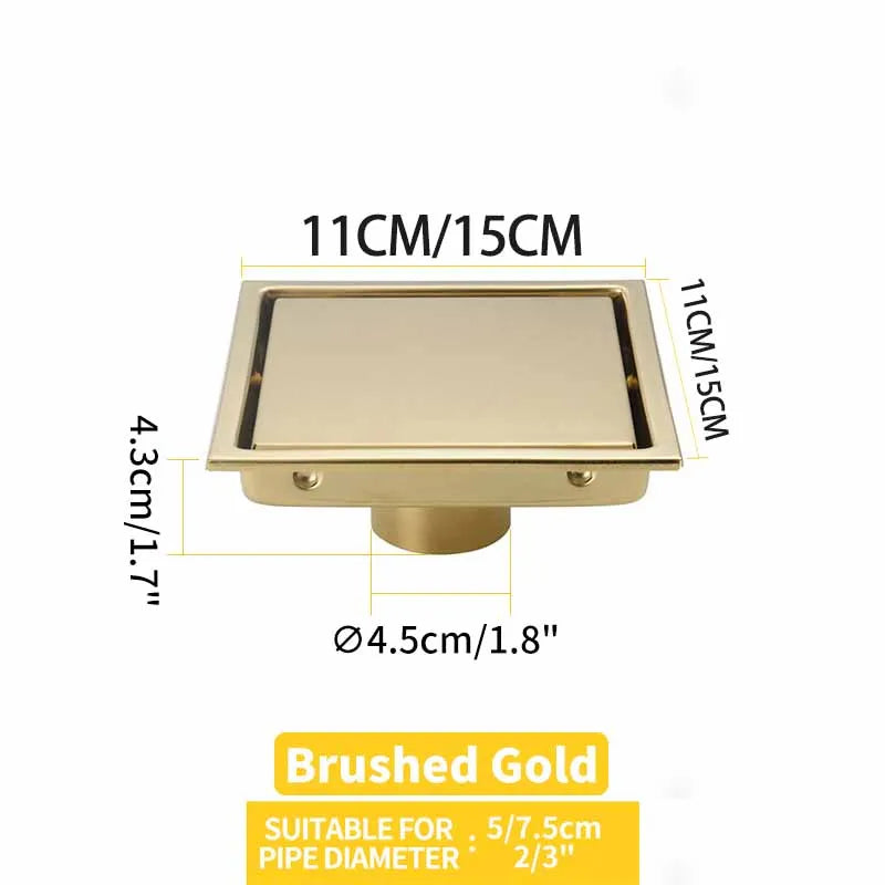 Square Shower Drain Tile Insert Anti Odor Stainless Steel Floor Drain Kit with Removable Grate Cover Hair Strainer Black Gold