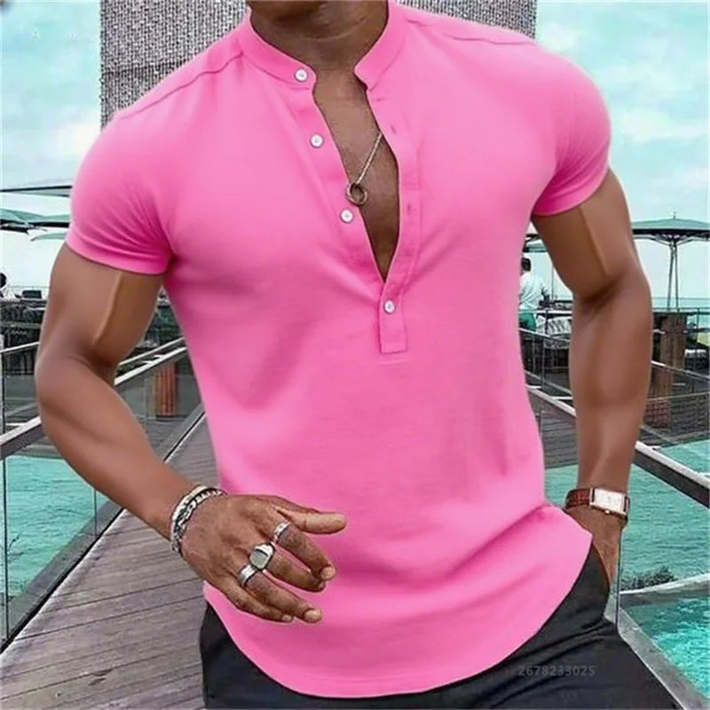 Men's Short-Sleeved Casual Shirt Hawaiian Style Shirt Solid Black Shirt Stand Collar Design Suitable for Beach Vacation XS-5XL