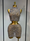 High Quality Sparkling Rhinestone Sexy See Through Blackless Top Skirt Two Pieces Set Woman Luxury Birthday Evening Party Gowns