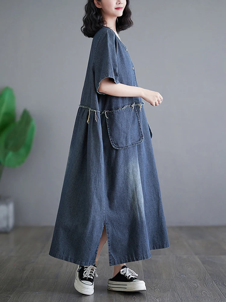 NYFS 2025 Summer New Woman Denim Dress Vestidos Robe Elbise Loose Plus Size Long Sleeve Pocket Slit Jeans Long Dress