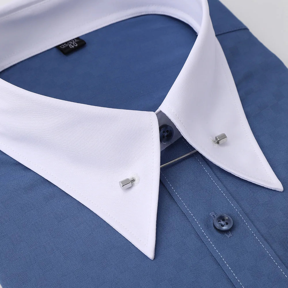 Embroidered French Cufflinks Men's Long-Sleeve Shirt with Collar Pins No tie Big Collar Dress Shirt for Business Formal Gentlema