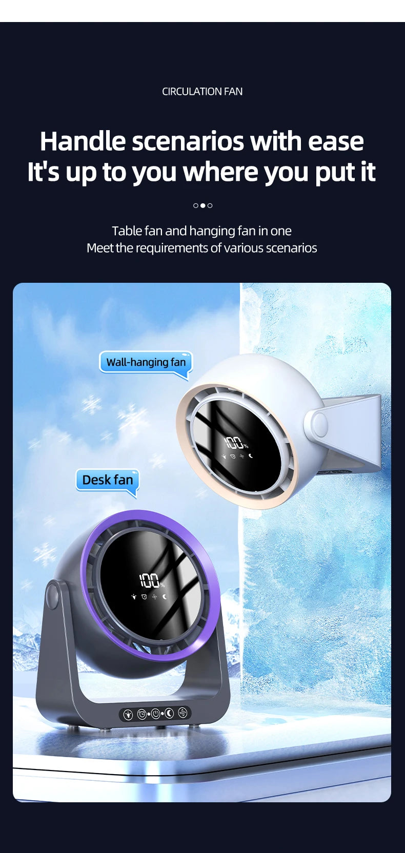 Desktop Circulating Fan With Remote Control Mini Table Fan 4000 mAh Large CapacityRechargeable Wall-mounted Fan With Night Light