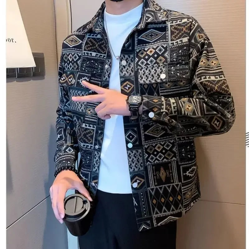With Print Trendy Denim Jackets Man Autumn of Fabric Aesthetic Menswear Casual Cowboy Coat for Men Korean Popular Clothes Y2k.