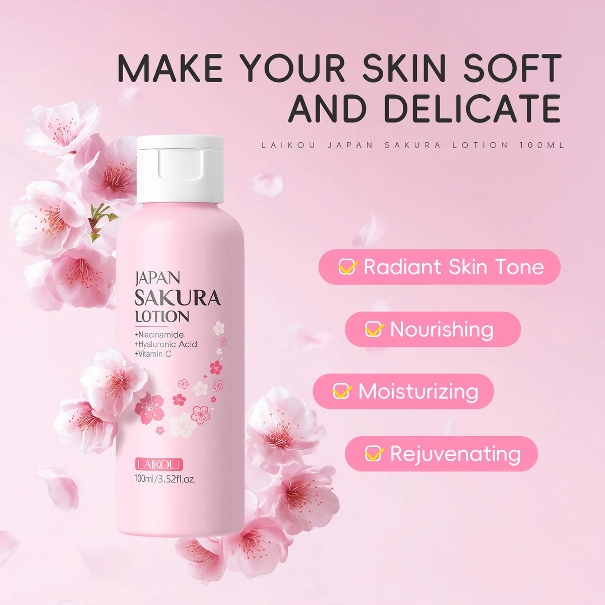 LAIKOU Sakura Lotion 100ml Niacinamide HA VC Hydrating Essence Shrink Pores Nourish Skin Brightening Elastic Facial Care