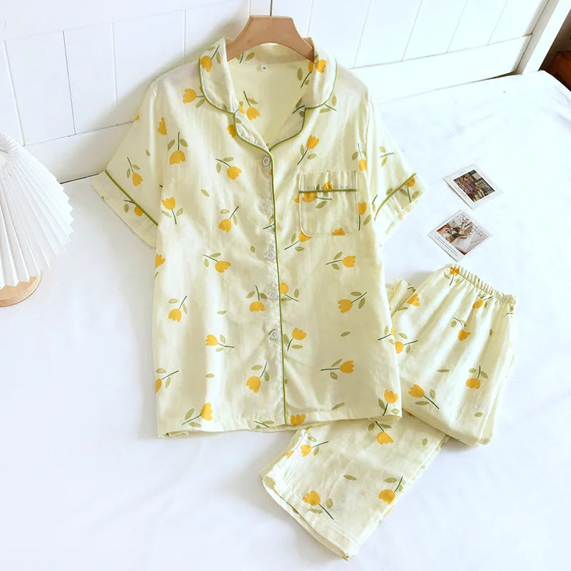 2026 Japanese new spring and summer short-sleeved trousers pajamas 2-piece set 100% cotton gauze flower cartoon home service set