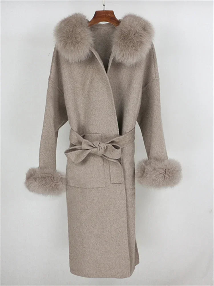 Real Fur Wool Outerwear Wool Blends Coat Natural Fox Fur Collar Hooded Cashmere Winter Jacket for Women Streetwear High Street