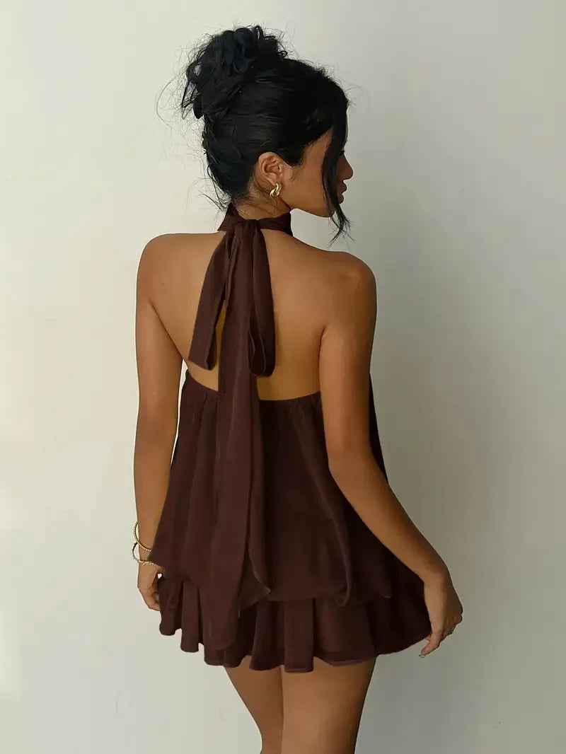 Women Halter Neck Backless Tie Mini Dress Summer Sleeveless Chiffon Ruffle Short Dresses Sexy Club Party Beach Vacation Outfit