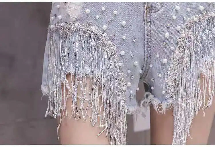 Summer New Style Personalized Denim Shorts for Women Internet Celebrity High Waist Diamond Sequins