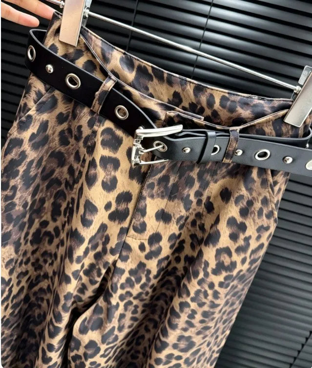 Wide Leg Leopard Print Pants Full Length Ins Style with Streetwear No Stretch Regular Thickness Belt Mid Waist Women Pants