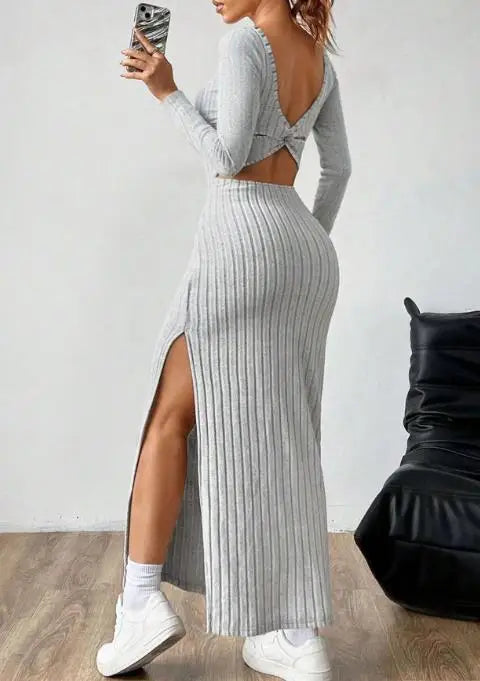 Womens Dresses 2026 Spring Autumn New Pit Stripe Square Collar Long Sleeve Sexy Backless Side Slit Slim Fit Daily Long Dress