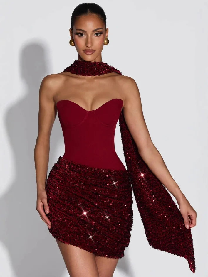 Temperament Beveled Edge with Scarf Splicing Tube Top Spice Girl Dress