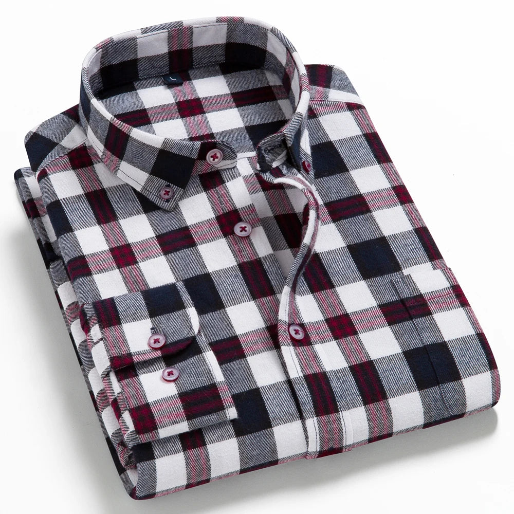Men's Button Down Collar Contrast Plaid Pure Cotton Flannel Shirt with Left Chest Pocket Slim Fit Comfort Casual Brushed Shirts